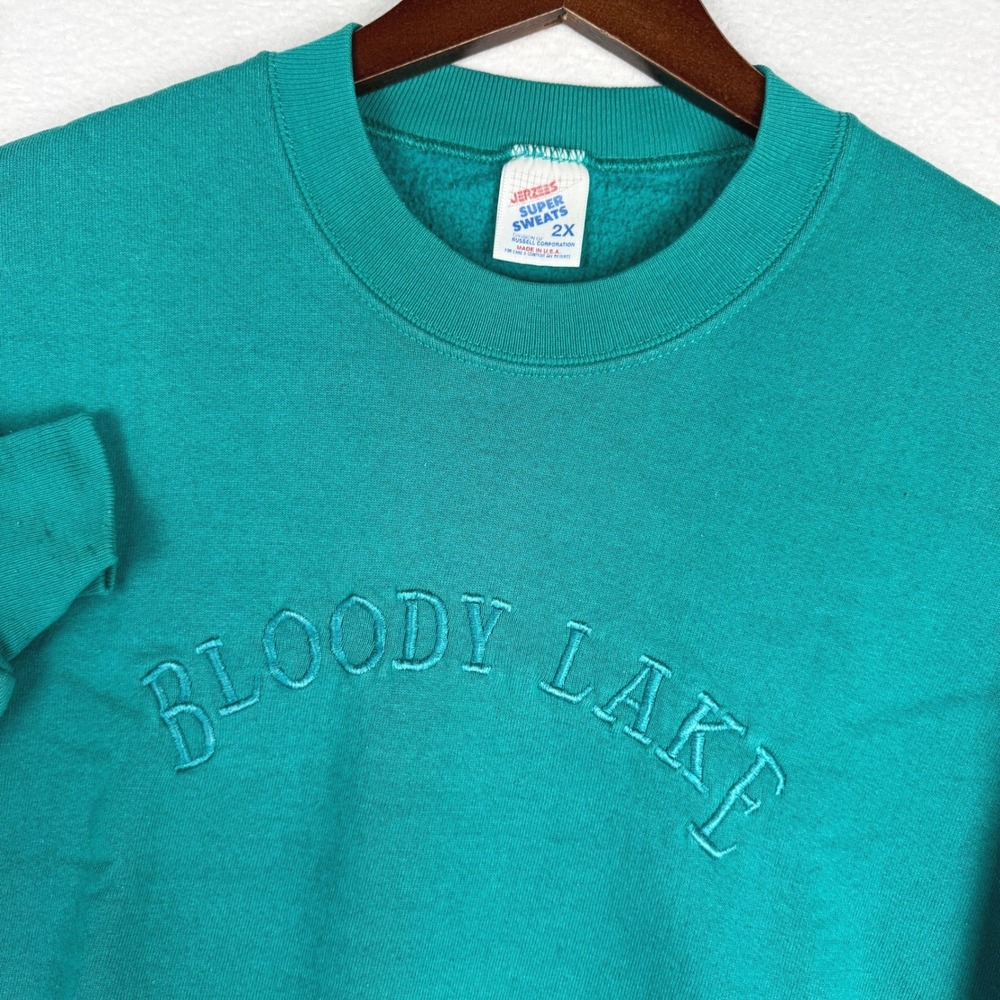 Vtg Jerzees Super Sweats Sweatshirt Mens 2X Teal Bloody Lake Embroidered 90s